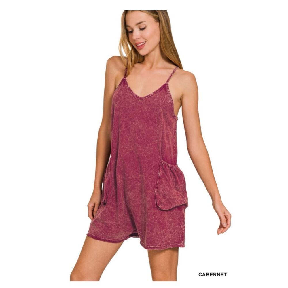 Zenana - Acid Crinkle Washed Spaghetti Strap Pocketed Romper - Small